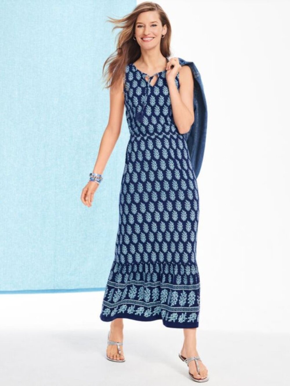 Talbots Blue Jersey Maxi Dress Allover Tree Block Print - 2X